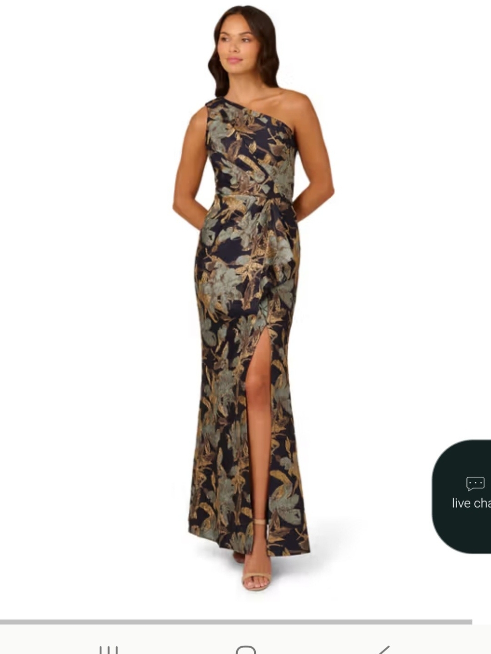 Adrianna Papell Navy One-Shoulder Floral Evening Gown with Gold Accents